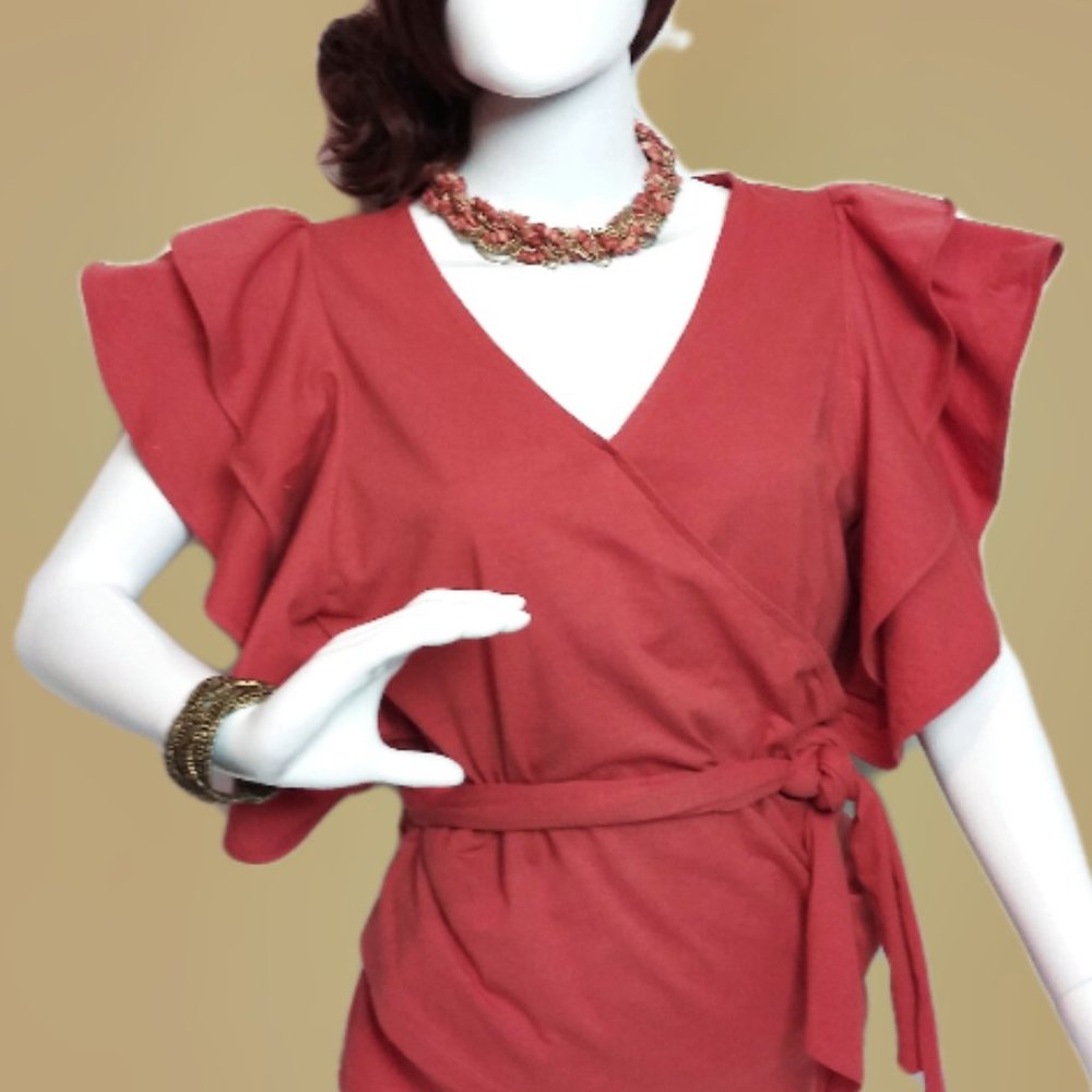 INC (Macy's) Ruffle Faux Wrap Top+ Chic Necklace